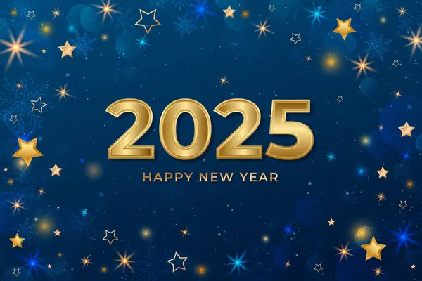 Altın yıldızlı kar taneleri ve ışıklarla 2025 yılının mavi arka planı kutlu olsun. Ticari lüks gerçekçi yeni yıl geçmişi
