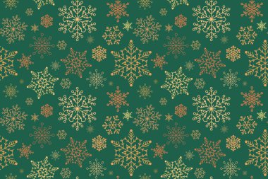Düz altın kar taneleri, yeşil arka planda pürüzsüz desenler. Ambalaj kağıdı, tekstil, kartlar için şenlikli Noel deseni.