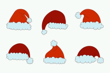 Noel Baba şapkası ikonu, elinde çizgi film stili çiziyor. Kırmızı Noel Baba şapkası koleksiyonu beyaz arkaplanda izole edildi