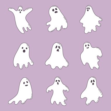 El çizimi hayalet koleksiyonu. Şirin hayalet karakterler, ürkütücü çizgi film cadılar bayramı hayaletleri mor arka planda.