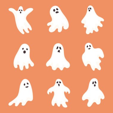 Cadılar Bayramı hayalet koleksiyonu. Tatlı hayalet karakterler, turuncu arka planda geçen ürkütücü cadılar bayramı hayaletleri.