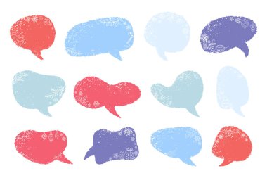 Noel grunge konuşma baloncukları ve kar taneleri süslemeleri. Kış tatili için kar taneleriyle haberleşme baloncukları. 