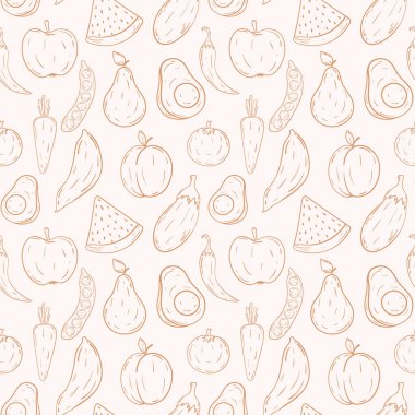 Sağlıklı gıda ana hatları. Karalama el sebze ve meyvesiz desen çizer. Organik sağlıklı sebze yemeği kalıbı. Kahverengi beyaz renkler