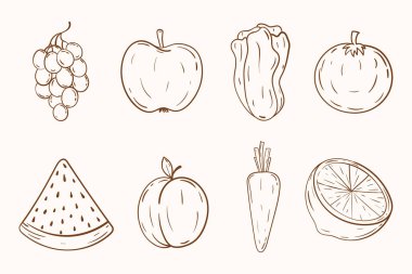 Ana hatlarıyla meyve ve sebze koleksiyonu. El çizimi meyve ve sebze ikonu seti. Afişler, posterler, çiftçi pazarı, etiketler, ambalajlar için organik tarım ürünleri. Sağlıklı yiyecekler.