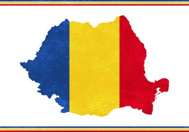 Beyaz arka planda ulusal bayrak bulunan Romanya haritası. Romanya silueti bayrak desenli harita. Vektör illüstrasyonu