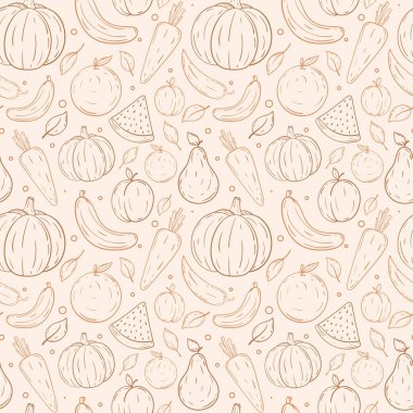 Ana hatları sebzeler ve meyvesiz desenler. El çizimi ince çizgi karalama çiftliği taze meyve ve sebze deseni. Organik sağlıklı sebze yemek kalıbı. 