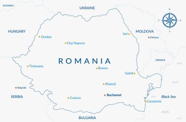 Romanya büyük şehirler ve komşu ülkelerle ana hatlarını çiziyor. Romanya haritasının mavi ince çizgisi. Vektör illüstrasyonu