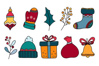 Şirin Noel el çizimi dekorasyonları: Mücevher, eldiven, çoban püskülü, Noel Baba çorabı, hediye çantası, Noel Baba çantası, çan, örgü şapka. Tekstil tasarımları ve ambalaj kağıtları için mükemmel.