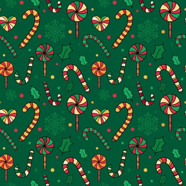 Yeşil arka planda şeker kamışı ve süslemeleri olan kusursuz bir Noel deseni. Neşeli Xmas şeker kamışı ve ambalaj kağıtları, baskılar, davetiyeler, ambalaj tasarımları için lolipop deseni
