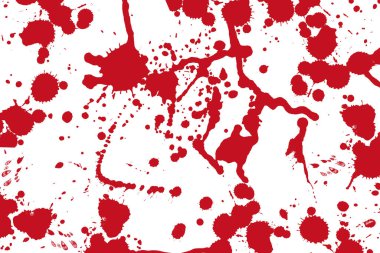 Kan sıçrıyor ve arka planda kalıyor. Cadılar Bayramı için kırmızı damlalar, sprey ve çeşitli lekeler, suç ve korku tasarımı. Beyaz arkaplan