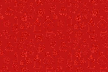 Festive Outline Xmas Icons ile Kırmızı Noel Şablonu. Tek renkli Noel desenli, ambalaj kağıtları, reklamlar, ambalajlar için bayram süsleri. El çizimi vektör illüstrasyonu