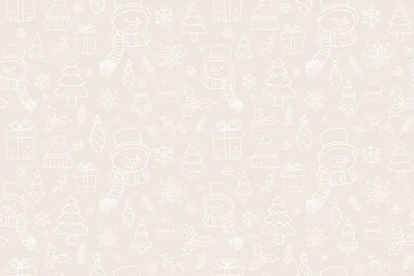Mutlu Noeller ve yeni yıl çizgileri, bej arka planda beyaz xmas süsleme simgeleriyle kusursuz desenli. Kardan Adam, Noel ağaçları ve süslemelerle ince bir çizgi halinde kağıt kaplama deseni