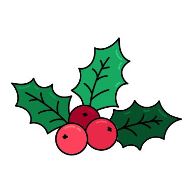 Noel Holly Berry Sembolü Beyaz Arkaplanda İzole Edildi. El çizimi kutsal yeşil yapraklar ve kırmızı böğürtlen buket ikonu. Vektör illüstrasyonu