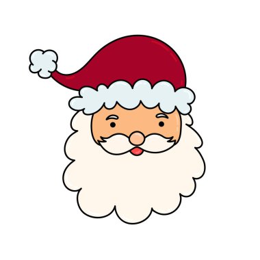 Kırmızı şapkalı ve beyaz sakallı Noel Baba Kafa ikonu. Neşeli Noel Baba çizgi film etiketi. Vektör illüstrasyonu