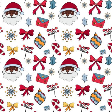 Merry Christmas seamless pattern with black Santa Claus head and winter decorative elements on white background for fabric, wrapping paper, textile, greeting cards.  clipart