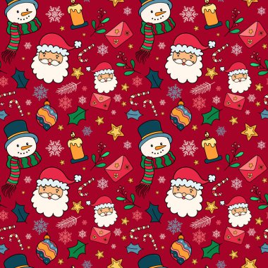 Merry Christmas seamless pattern with Santa Claus head, Snowman icons and winter decorative elements on red background for fabric, wrapping paper, textile, greeting cards.  clipart