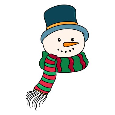 Tatlı Kardan Adam Kafa Simgesi. El Kardan Adam 'ın kafası mavi şapkalı ve yeşil eşarplı beyaz arka planda. Vektör illüstrasyonu