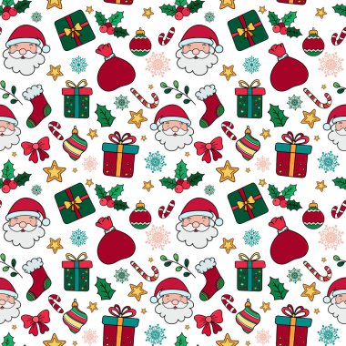 Noel Baba 'nın başıyla, hediye kutusuyla ve beyaz arka planda kumaş, ambalaj kağıdı, tekstil ve tebrik kartları için kış dekoratifleriyle mutlu noeller.. 