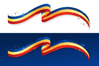 Soyut Romanya Bayrağı parlak ışık efekti ve konfetiyle gerçekçi bir kurdele. Romanya Bağımsızlık Günü, sunumlar için ulusal bayrak, web sitesi, afiş, sosyal medya. Romanya Büyük Birlik Günü