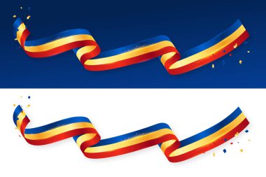 Gerçekçi Romanya Bayrak Dalgalı Kurdelesi beyaz ve mavi arkaplanda izole edildi. Romanya Bağımsızlık Günü, sunumlar için ulusal bayrak, web sitesi, afiş, sosyal medya. Romanya Büyük Birlik Günü