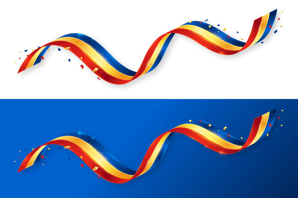 Волнистая лента с румынским флагом, подробный реалистичный стиль с блестящим светом и конфетти. День независимости Румынии, концепция национального флага для презентаций, веб-сайт, баннер, социальные сети. Румыния