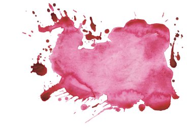 Pembe Soyut Suluboya Serpinti Beyaz Arkaplan 'da izole edildi. Elle boyanmış akvaryum mürekkep damlalarıyla sıçrıyor.