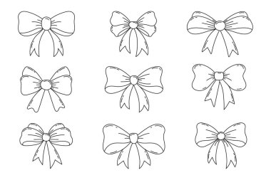 El çizimi yay koleksiyonu beyaz arka planda izole edildi. Çizgi sanatı kurdelesi ve kurdelesi hediye paketi için ayarlandı. Karalama yaylarının vektör illüstrasyonu