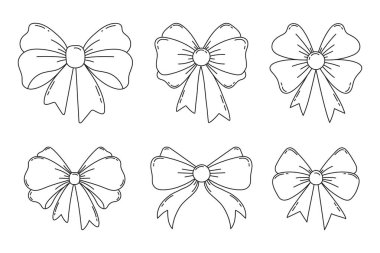 El çizimi yay koleksiyonu beyaz arka planda izole edildi. Çizgi sanatı kurdelesi ve kurdelesi hediye paketi için ayarlandı. Karalama yaylarının vektör illüstrasyonu
