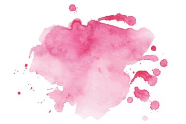 Pembe Soyut Suluboya Serpinti Beyaz Arkaplan 'da izole edildi. Elle boyanmış akvaryum mürekkep damlalarıyla sıçrıyor.