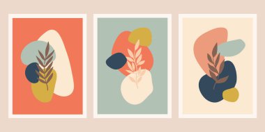 Organik şekilli ve yapraklı asgari yaratıcı duvar sanatı. Botanik çağdaş sanat posterleri. Posterler, kapak, sosyal medya için çağdaş duvar resimleri. Vektör illüstrasyonu