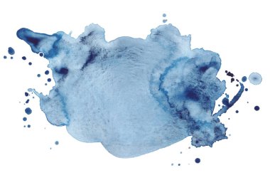 Mavi Soyut Suluboya Sıçratma Beyaz Arkaplanda izole edildi. Elle boyanmış akvaryum mürekkep damlalarıyla sıçrıyor.