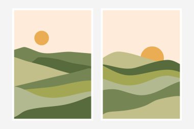 Yeşil Tarım Alanları ve Tepeleri. Doğa manzarası posterleri. Modern soyut sanat, afişler, el ilanları, kapak, poster tasarımı için eko tarım kavramı.