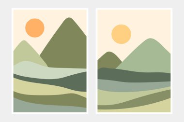 Dağlar ve Tepeler Üssü 'ndeki Yeşil Tarım Alanları. Doğa manzarası posterleri. Modern soyut sanat, afişler, el ilanları, kapak, poster tasarımı için eko tarım kavramı.