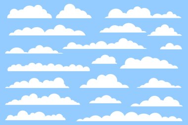 Bulutlar ikon vektör kümesini şekillendirir. Hava sembolü olarak mavi zemin üzerinde düz beyaz bulutların farklı şekilleri. 