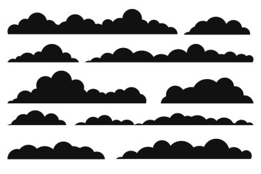 Kara Bulutlar Siluet Vektörü Ayarlandı. Bulutlar simgesi, hava tahminleri ve web tasarımı, sunumlar, dekor, bilgi grafikleri için beyaz arkaplanda izole edildi.
