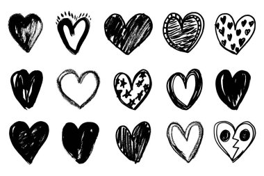 Kara mürekkep grunge kalpleri simge koleksiyonunu şekillendirir. İşaretli kalpler ayarlandı. Fırça atan kalpler grunge sembolleri