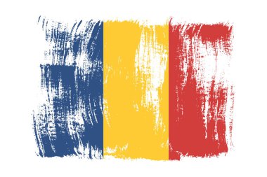 Beyaz Arkaplanda Grunge desenli Romanya Ulusal Bayrağı. Romen Bayrağını Elle Çiz Grunge Fırça Vuruşu. Vektör illüstrasyonu