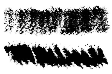 Grunge Fırça darbeleri hazır. Posterler, kapaklar, afişler, web sitesi için desenli el fırçası çizgileri. Noktalı ve Taneli Yaratıcı Fırça Vuruşları Beyaz Arkaplanda Vektör Ayarları
