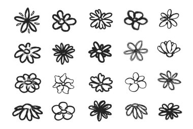 Siyah karalama mürekkep grunge çiçek ikonları koleksiyonu. İşaret, kalem ve pastel boya seti. Papatya çiçekleri grunge sembolleri.