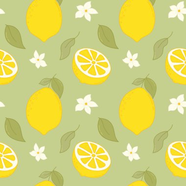 El Çizimi Limon Meyveleri Kusursuz Desen. Renkli taze narenciye yaprakları, kumaşlar, duvar kağıtları, baskılar, meyve suyu ve vitamin ürünleri için limon dilimleri ve limon dilimleri.. 