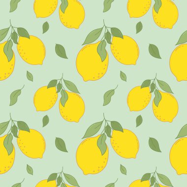 Elle çizilmiş limon desensiz taslak. Renkli taze narenciye, limon desenli. Kumaş, parmak izi, meyve suyu, limonata ve vitamin ürünleri için karikatür yaz narenciye arkaplanı. 