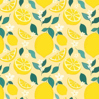 El Çizimi Limon Meyveleri Kusursuz Desen. Çiçek açan dalları, yaprakları, kumaşlar, duvar kağıtları, baskılar, meyve suyu ve vitamin ürünleri için limon dilimleri ve limon dilimleri olan renkli taze narenciye.. 