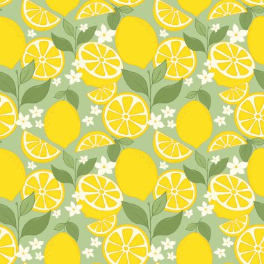 El Çizimi Limon Meyveleri Kusursuz Desen. Renkli taze narenciye yaprakları, kumaşlar, duvar kağıtları, baskılar, meyve suyu ve vitamin ürünleri için limon dilimleri ve limon dilimleri.. 