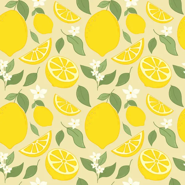 El Çizimi Limon Meyveleri Kusursuz Desen. Renkli taze narenciye yaprakları, kumaşlar, duvar kağıtları, baskılar, meyve suyu ve vitamin ürünleri için limon dilimleri ve limon dilimleri.. 