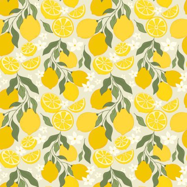 El Çizimi Limon Meyveleri Kusursuz Desen. Renkli taze narenciye yaprakları, kumaşlar, duvar kağıtları, baskılar, meyve suyu ve vitamin ürünleri için limon dilimleri ve limon dilimleri.. 