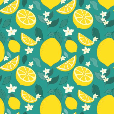 El Çizimi Limon Meyveleri Kusursuz Desen. Çiçek açan dalları, yaprakları, kumaşlar, duvar kağıtları, baskılar, meyve suyu ve vitamin ürünleri için limon dilimleri ve limon dilimleri olan renkli taze narenciye.. 