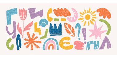 Boya kalemi Soyut Şekiller ve Biçimler Ayarlandı. Kağıda elle çizilmiş garip retro şekiller, pastel boya, tebeşir ya da mangal kömürü dokusu. Kalın, modaya uygun, acayip şekiller çizilmiş boya kalemleri.