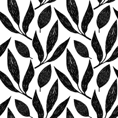Pastel Yapraklar Kusursuz Desen. Eskimiş tebeşirle ya da kömür desenli yaprak şekilleriyle siyah el çizilmiş. Kağıt üzerine çizim kılavuzu. 
