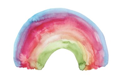 Beyaz arka planda izole edilmiş suluboya gökkuşağı. Soyut fırça darbesi el boyası sevimli gökkuşağı 