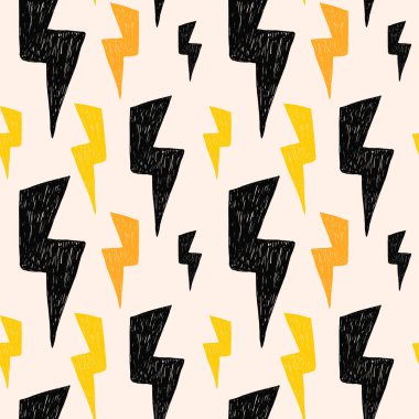 Pastel Şimşek Şekilleri Kusursuz Şekiller. Garip retro tebeşir ya da kömür desenli gök gürültüsü şekilli el yapımı dikişsiz desen. Kağıt üzerine çizim kılavuzu. 